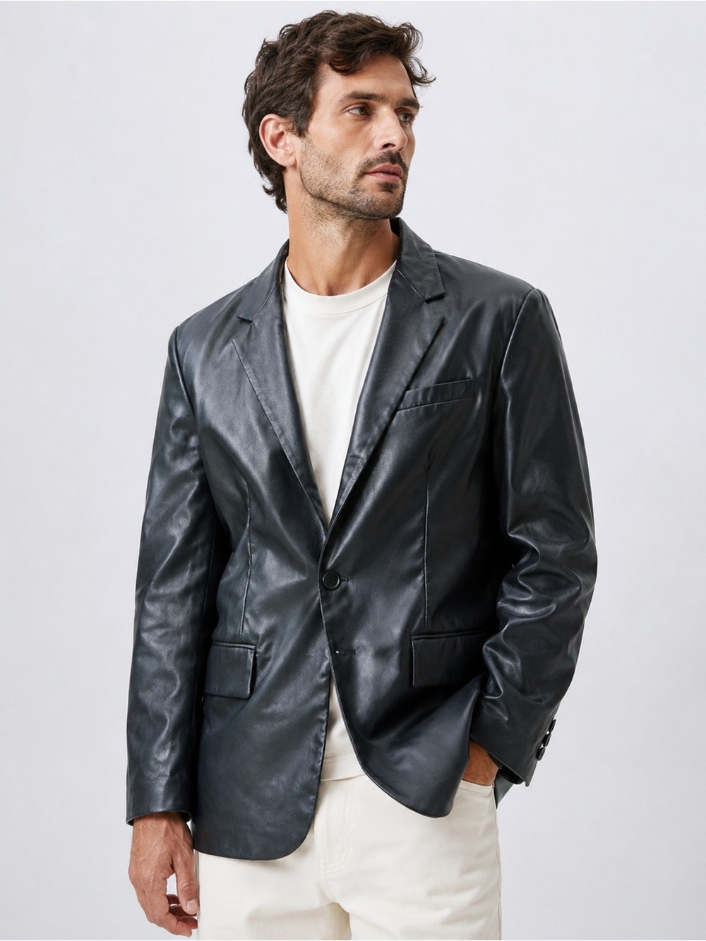 Zara Men’s Faux Leather Blazer Black Size Large Single Button Jacket